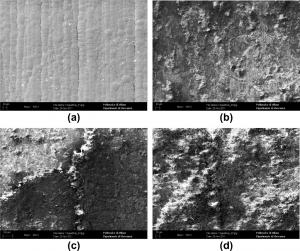 شکل5- بررسی SEM در مناطق بدون آسیب(a) و آسیب دیده (b-d)